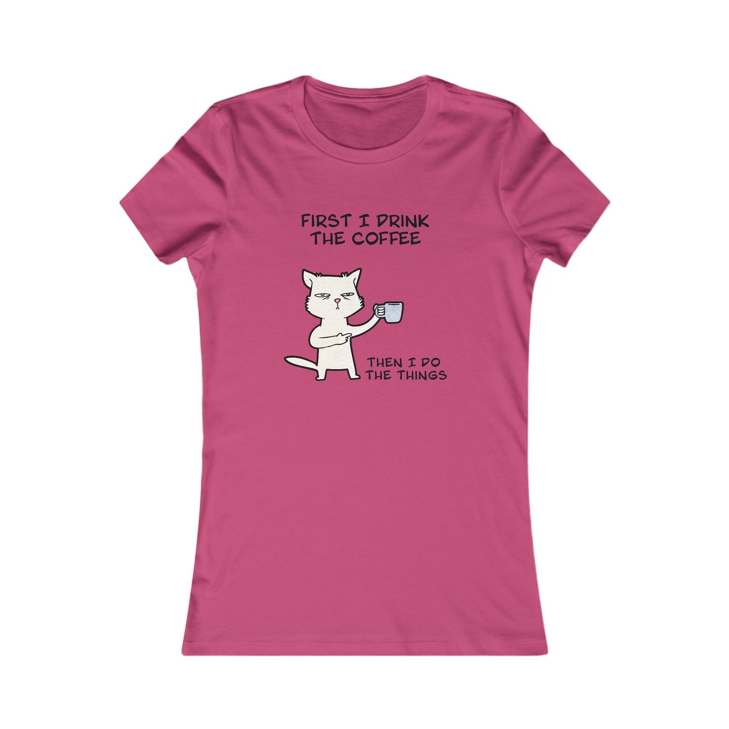 Pink Printify but first coffee tee shirt with cute cat holding coffee cup and funny text