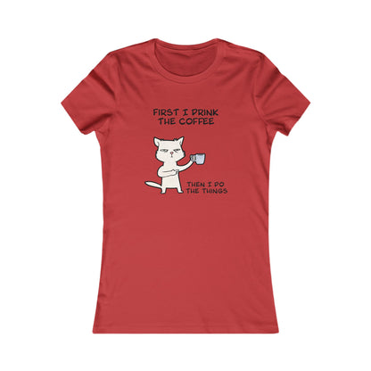 Red but first coffee tee shirt with a cat holding a coffee mug and funny morning quote