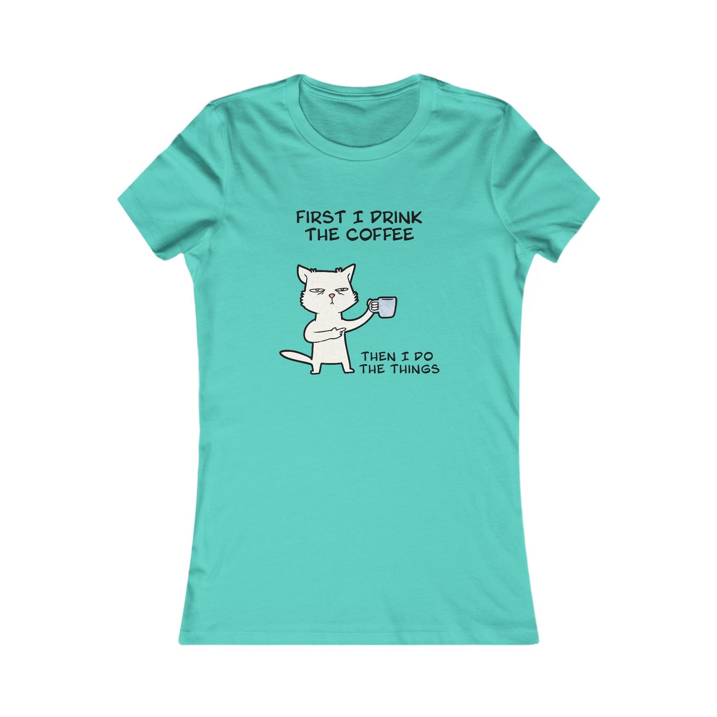 Turquoise but first coffee tee shirt with a cat holding a coffee cup and text design