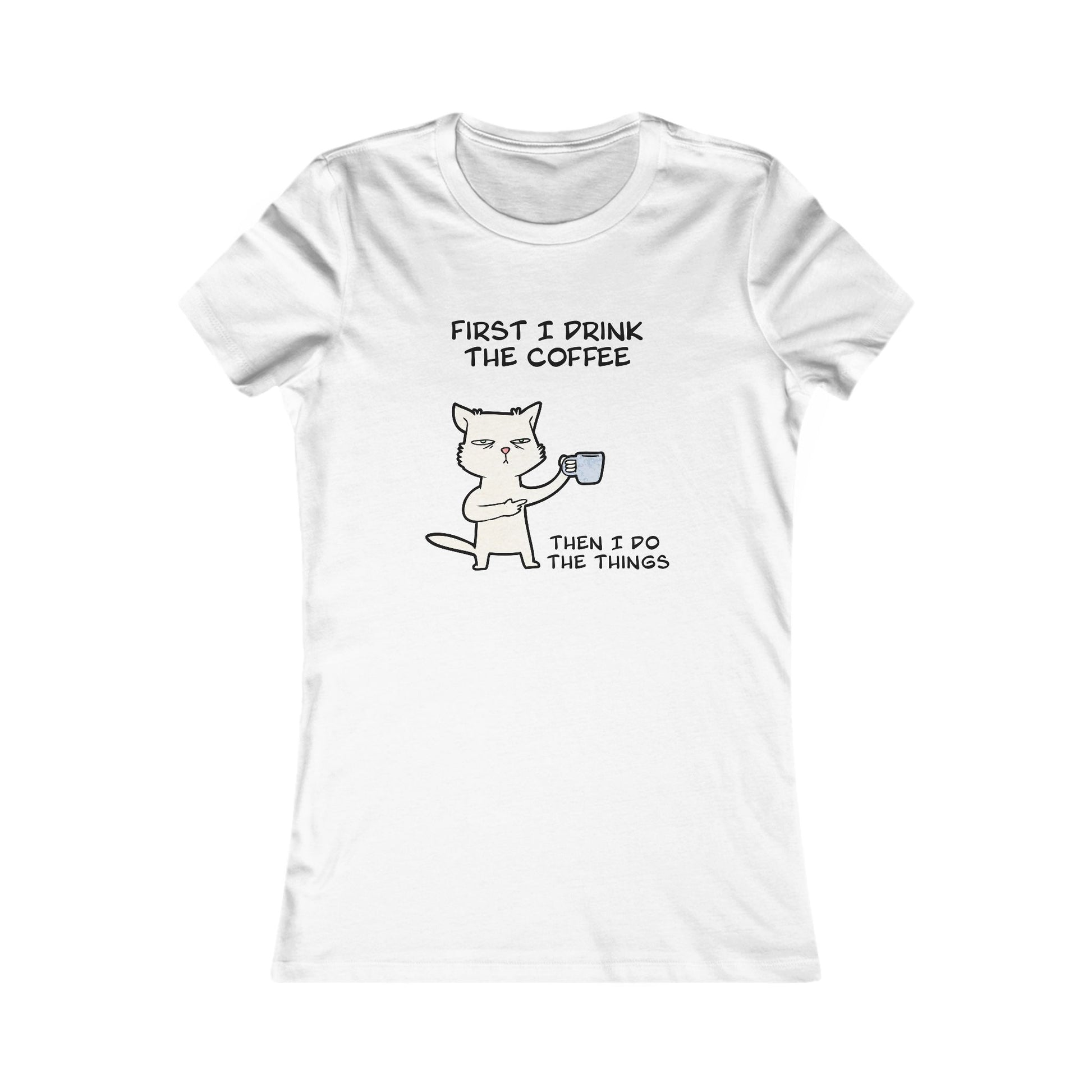 White but first coffee tee shirt with cute cat illustration and coffee quote