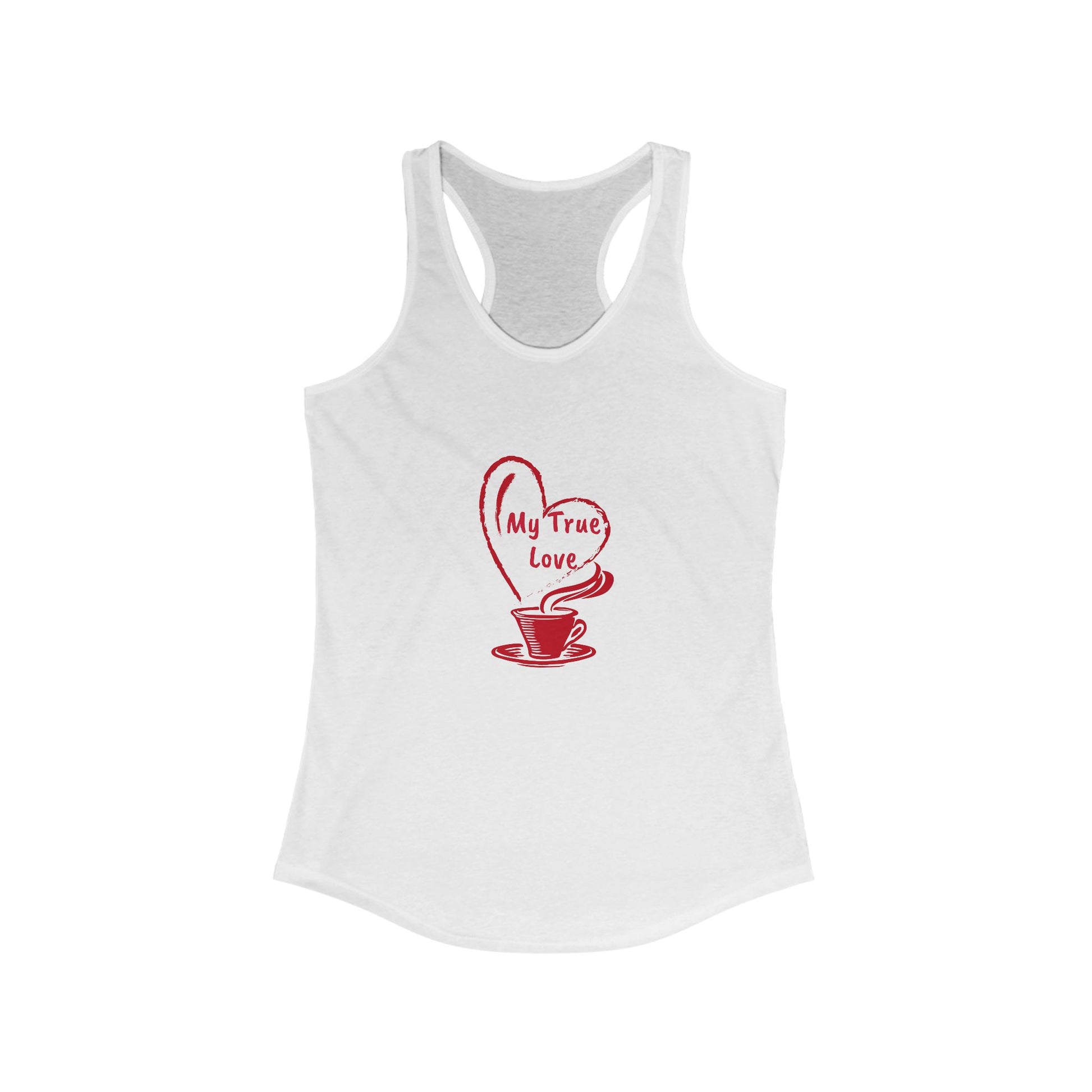 White tank top from Printify with red coffee cup design and My True Love text but first coffee tee shirt