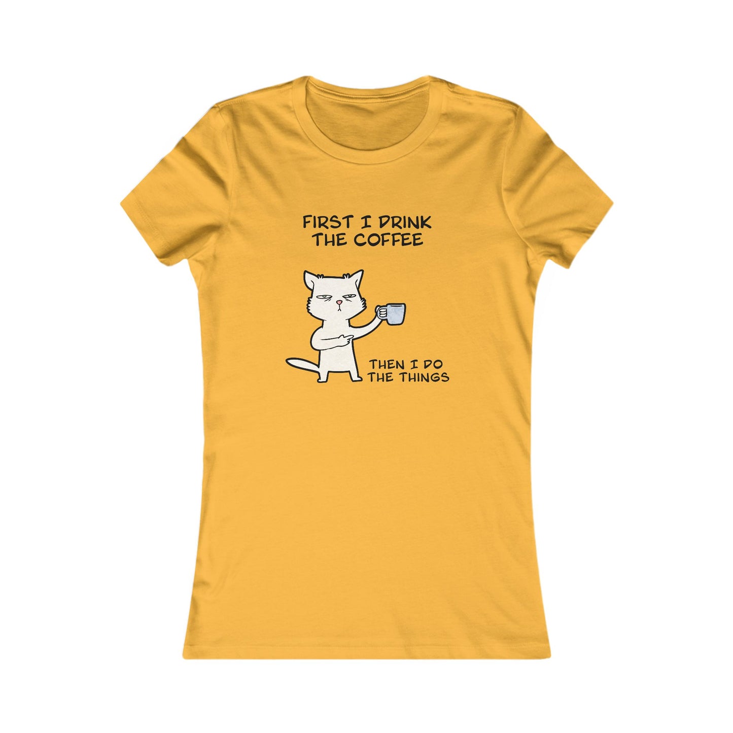 Yellow Printify but first coffee tee shirt with cat drinking coffee graphic and text
