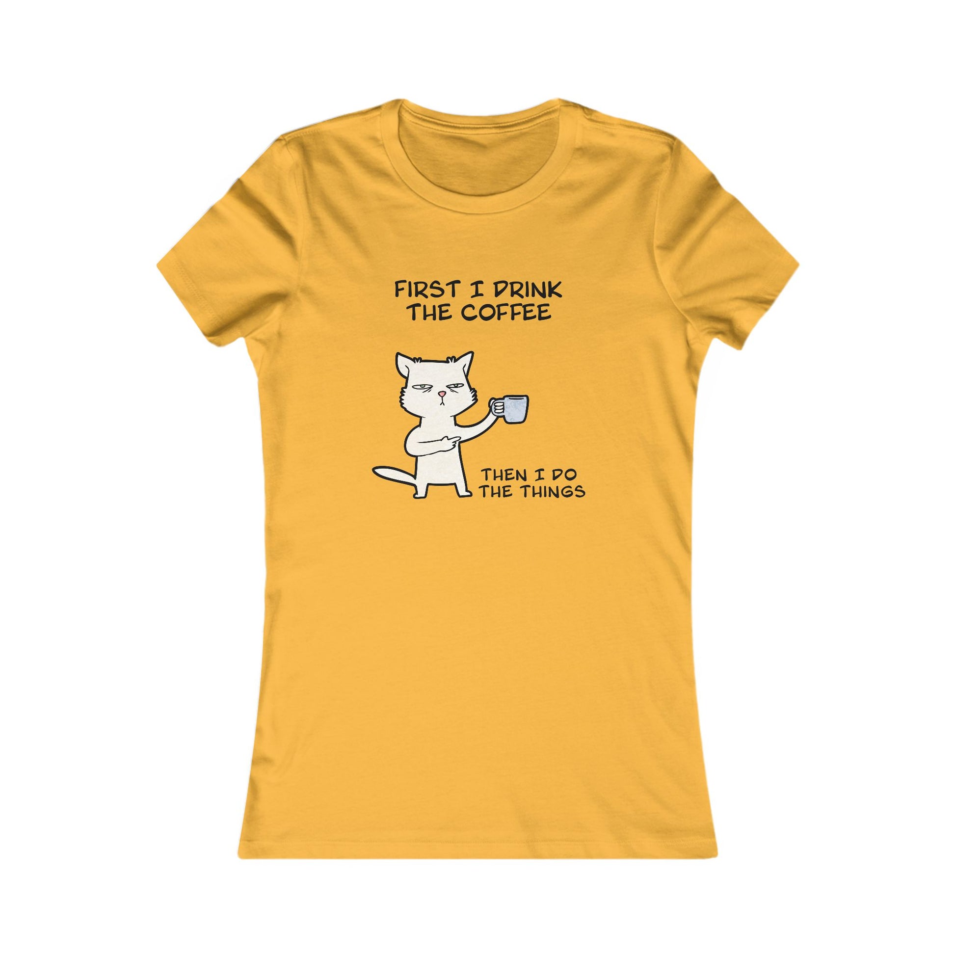 Yellow Printify but first coffee tee shirt with cat drinking coffee graphic and text