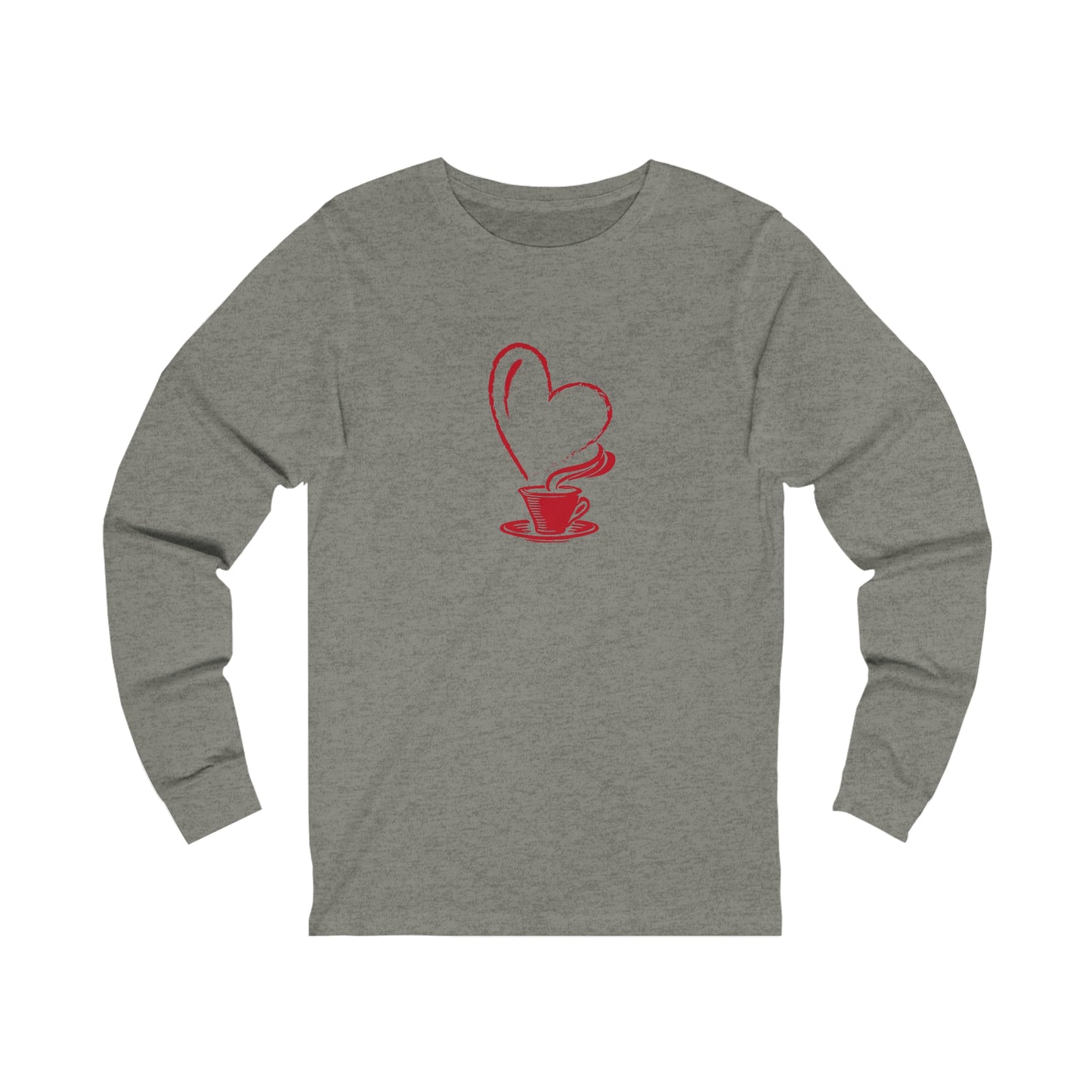 Printify long-sleeve but first coffee tee in gray with red coffee cup and heart design