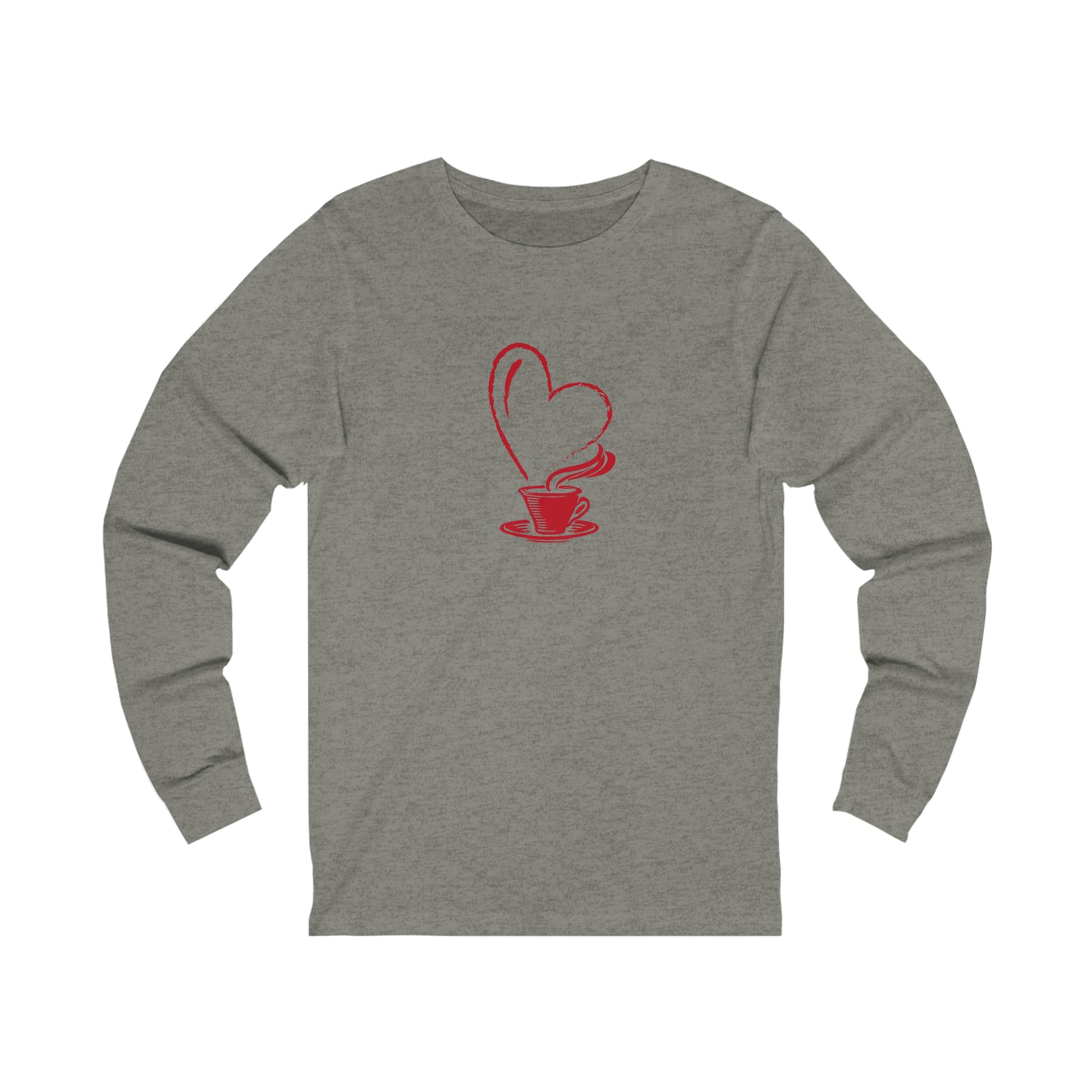 Printify long-sleeve but first coffee tee in gray with red coffee cup and heart design