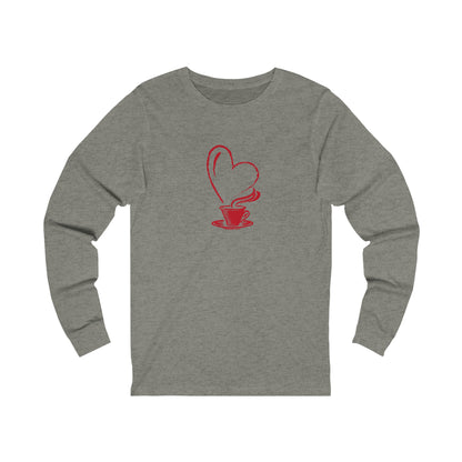 Printify long-sleeve but first coffee tee in gray with red coffee cup and heart design