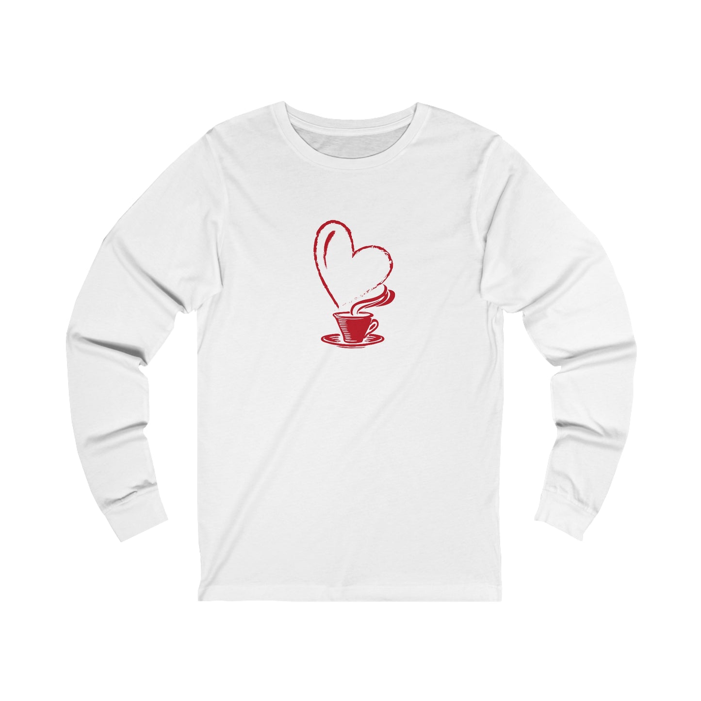 Printify white long-sleeve but first coffee tee with red heart-shaped steam coffee cup design