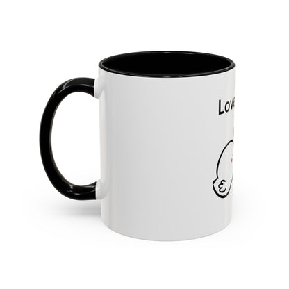 Printify cartoon mugs featuring a white ceramic design with black handle and interior
