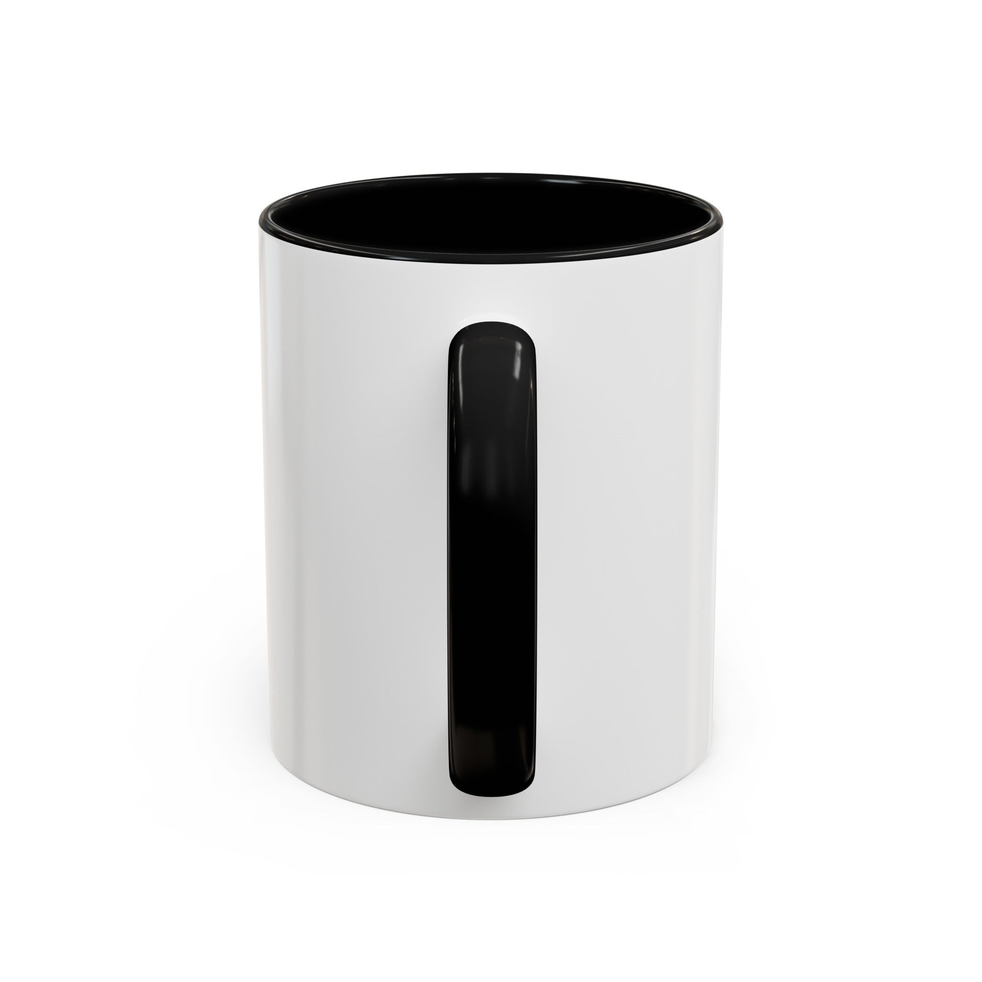 White ceramic mug with black handle and interior ideal for cartoon mugs collection by Printify
