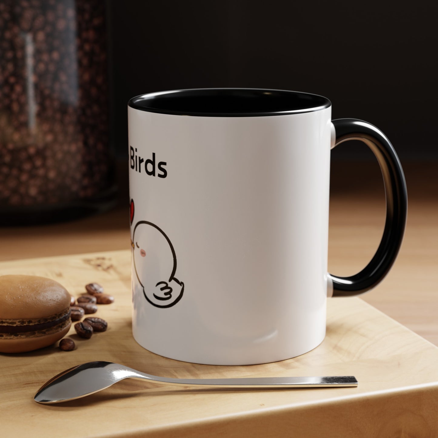 Printify cartoon mugs white ceramic with black handle and cute bird design on wooden table