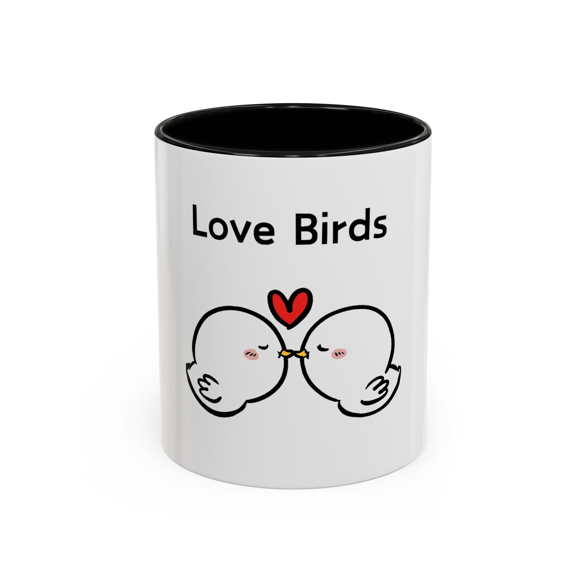 Printify white mug with black interior featuring cartoon mugs love birds design