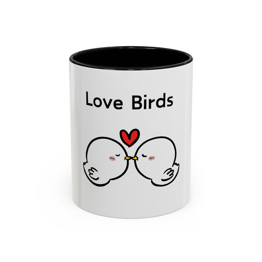 Printify white mug with black interior featuring cartoon mugs love birds design
