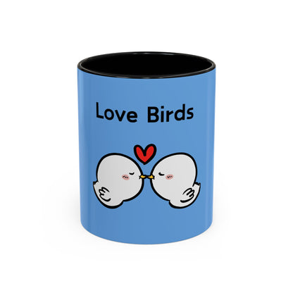 Blue Printify cartoon mugs featuring two love birds with a red heart on front