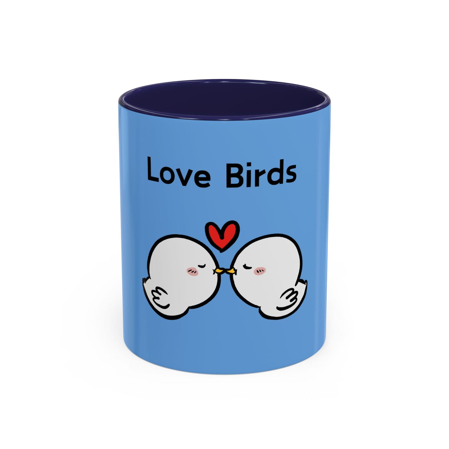 Blue Printify cartoon mugs featuring two love birds with a red heart and text Love Birds