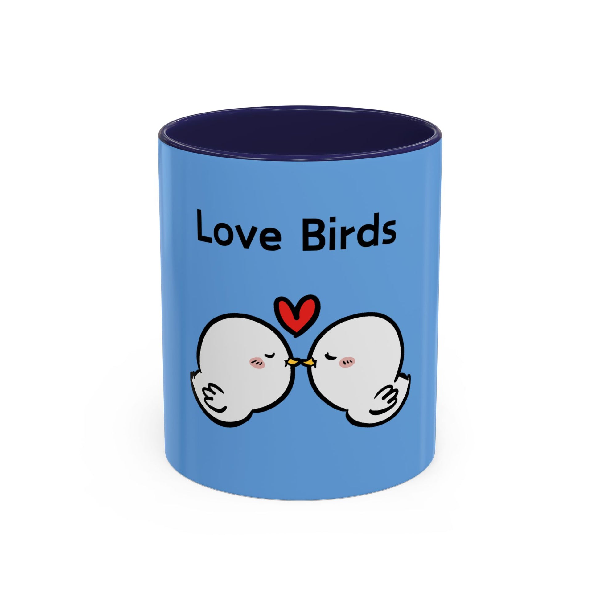 Blue Printify cartoon mugs featuring two love birds with a red heart and text Love Birds