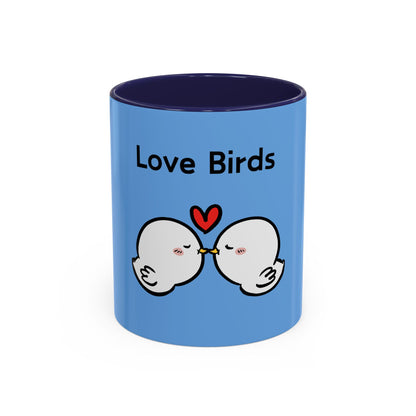 Blue Printify cartoon mugs featuring two love birds with a red heart and text Love Birds
