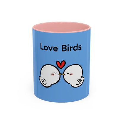 Printify cartoon mugs with blue exterior and pink interior featuring cute love birds design