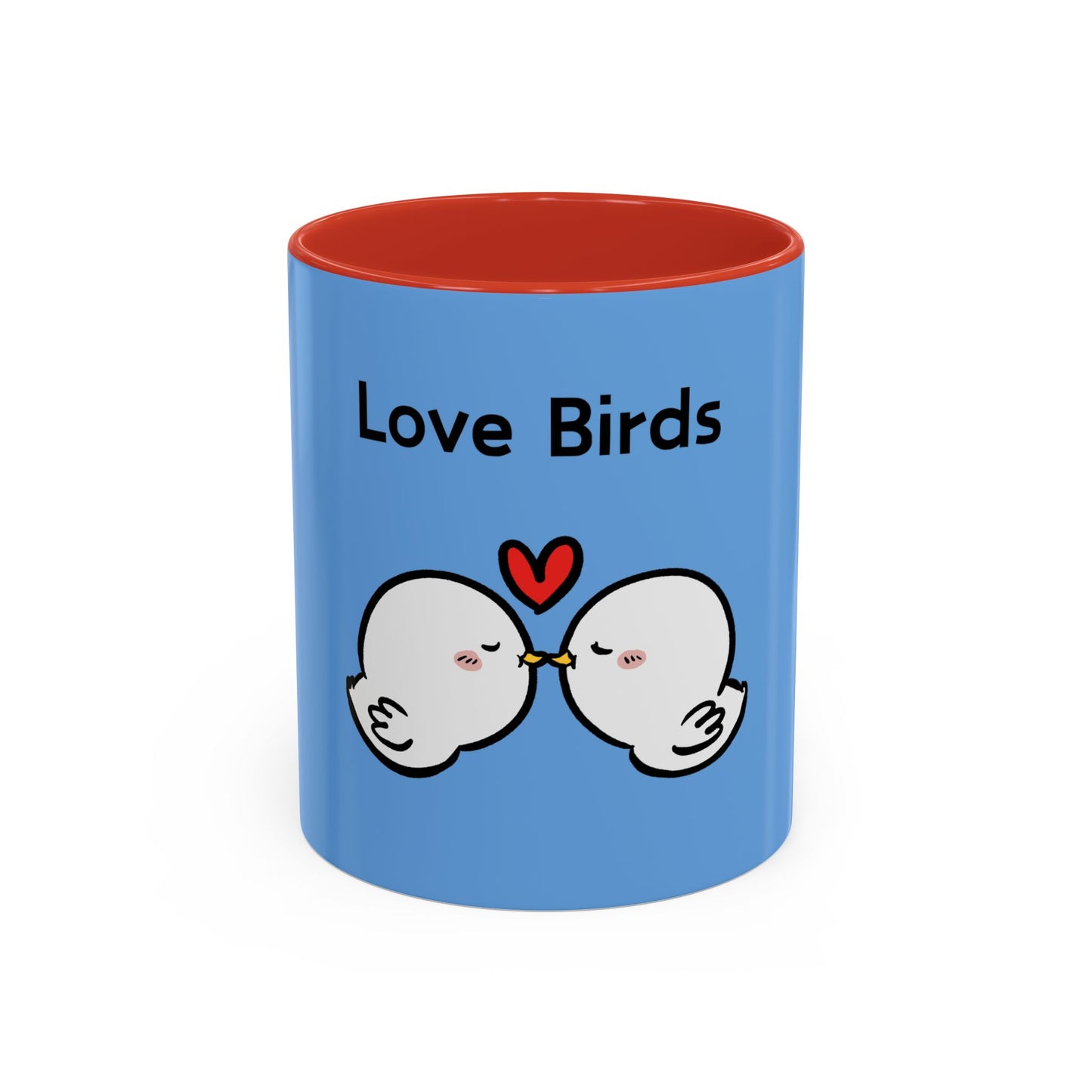 Printify cartoon mugs featuring blue mug with red interior and love birds design