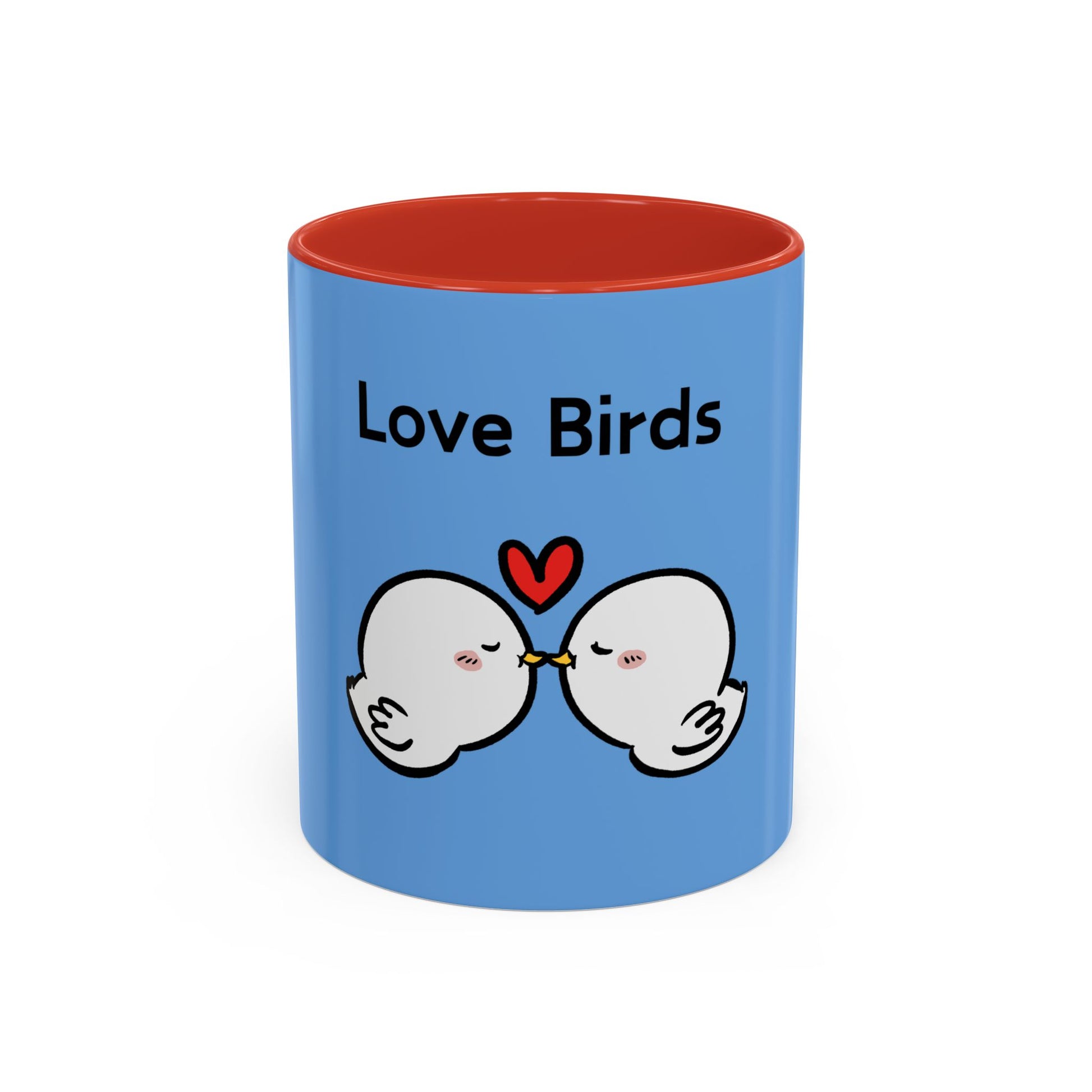 Printify cartoon mugs featuring blue mug with red interior and love birds design