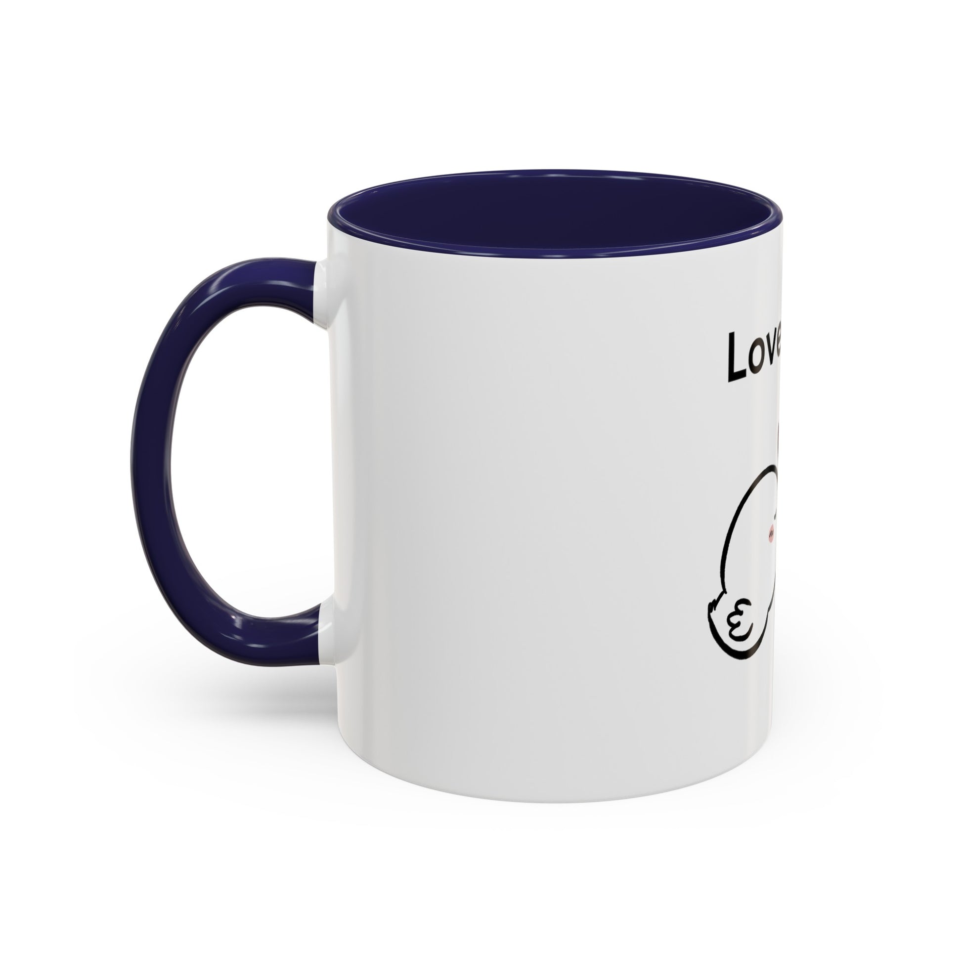 Printify white mug with dark blue handle and interior featuring cartoon mugs design