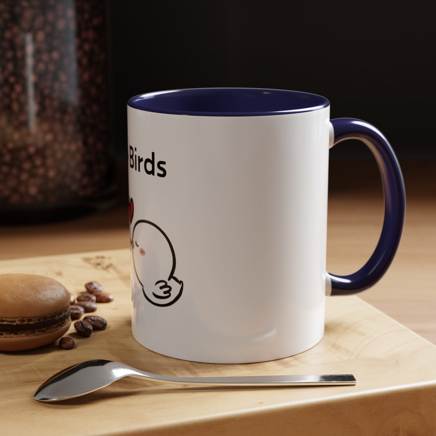 Printify cartoon mugs white ceramic mug with navy blue handle and rim featuring a cute bird design