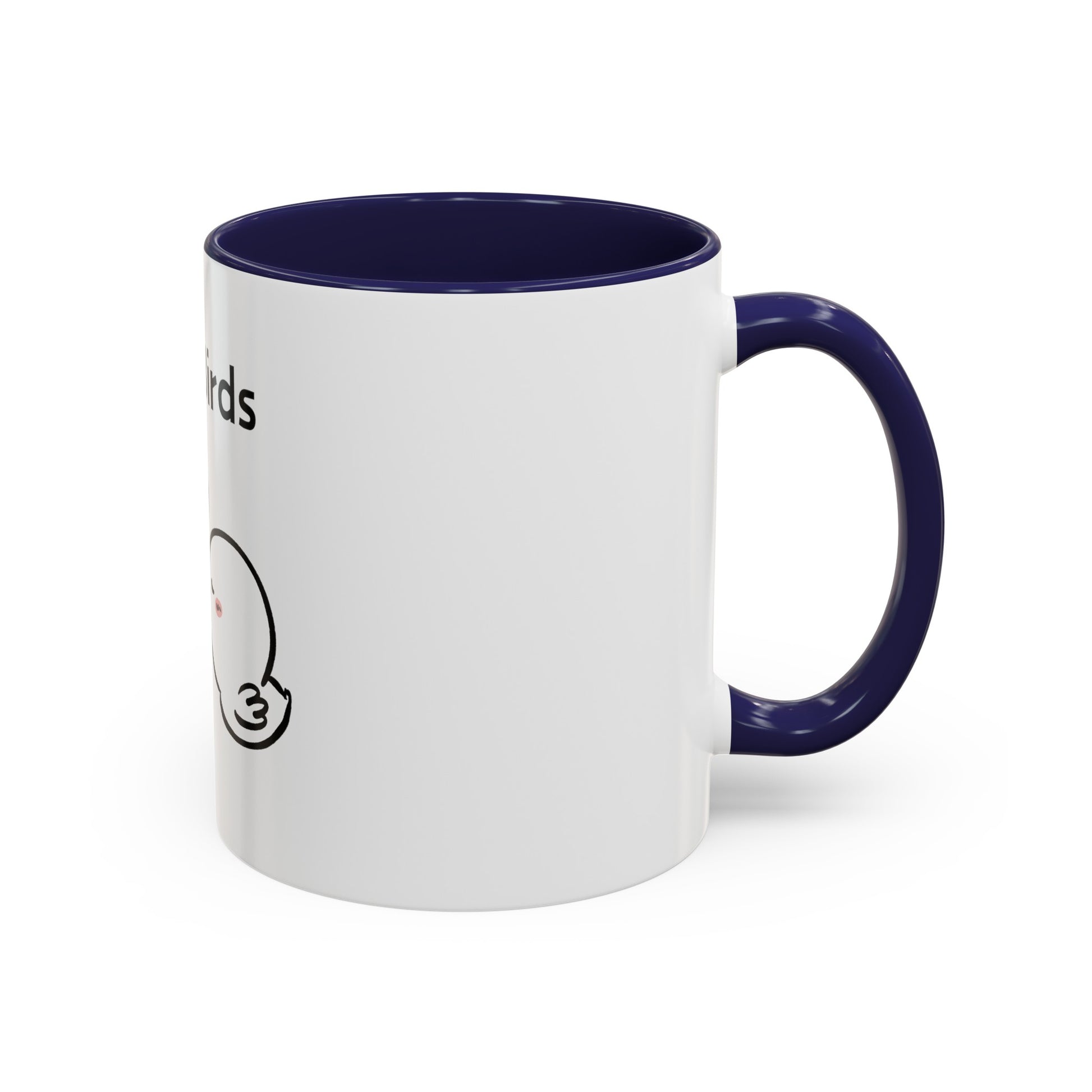 Printify white ceramic mug with dark blue handle and interior featuring cartoon mugs design