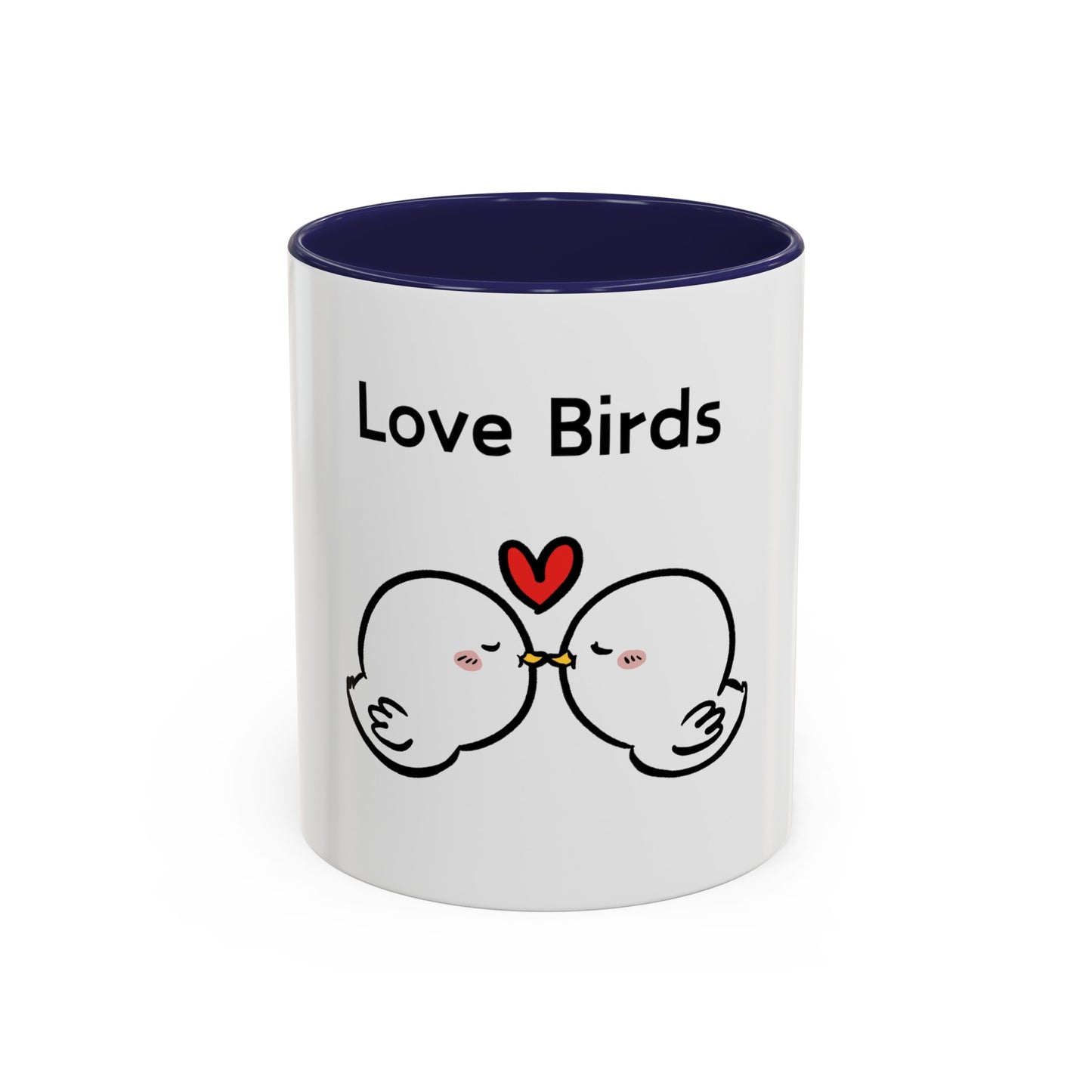 Printify white mug with navy interior featuring cartoon mugs design of two love birds kissing with heart
