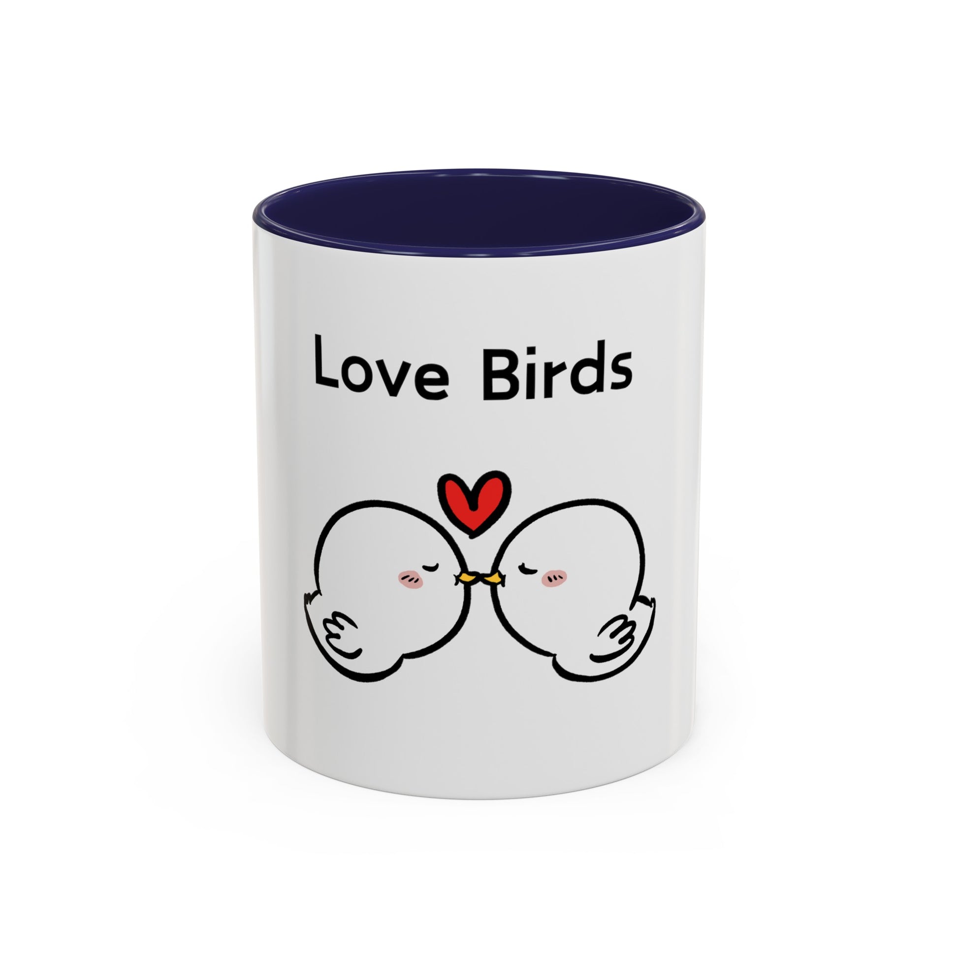 Printify white mug with navy interior featuring cartoon mugs design of two love birds kissing with heart