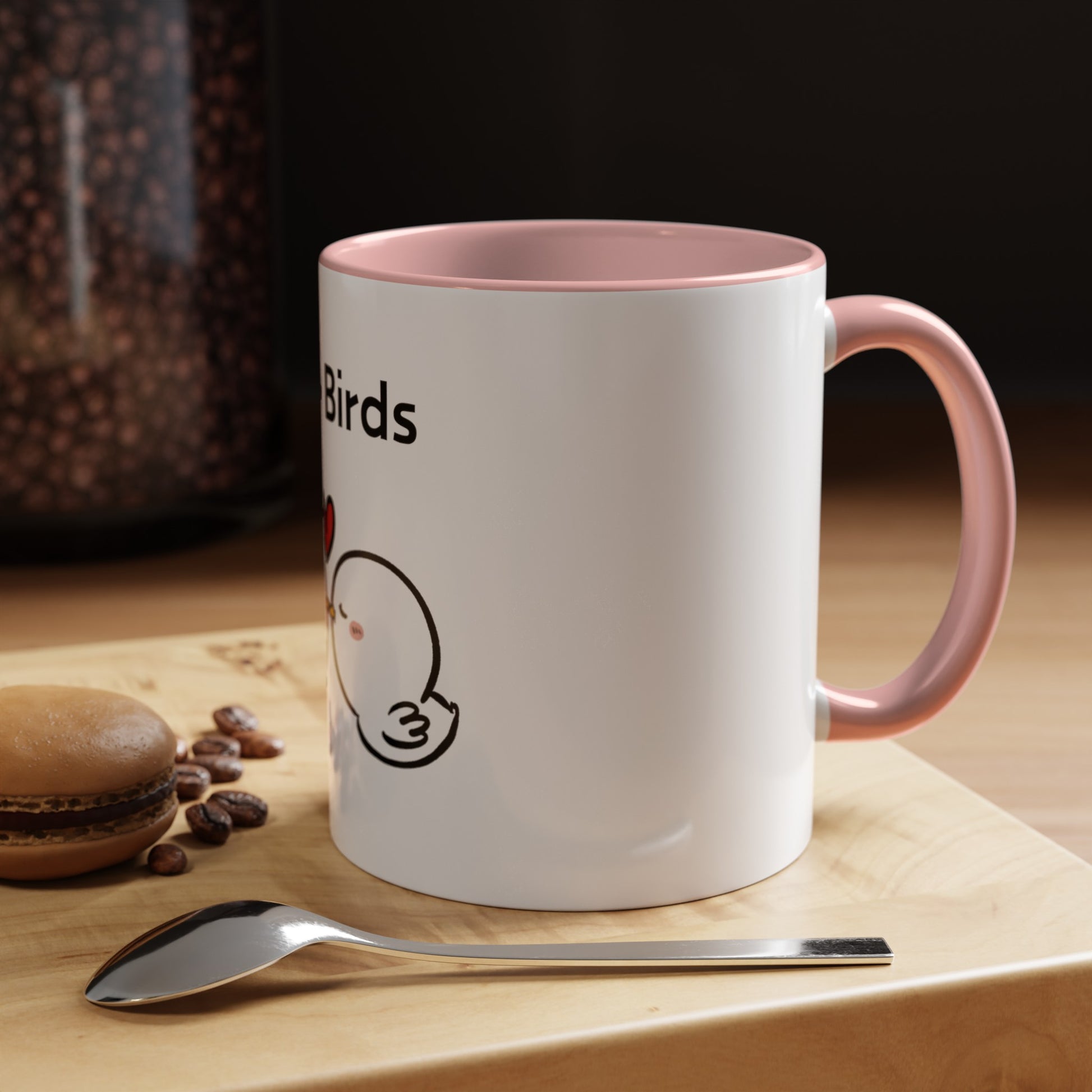 Printify cartoon mugs white ceramic mug with pink handle and inside featuring cute bird design