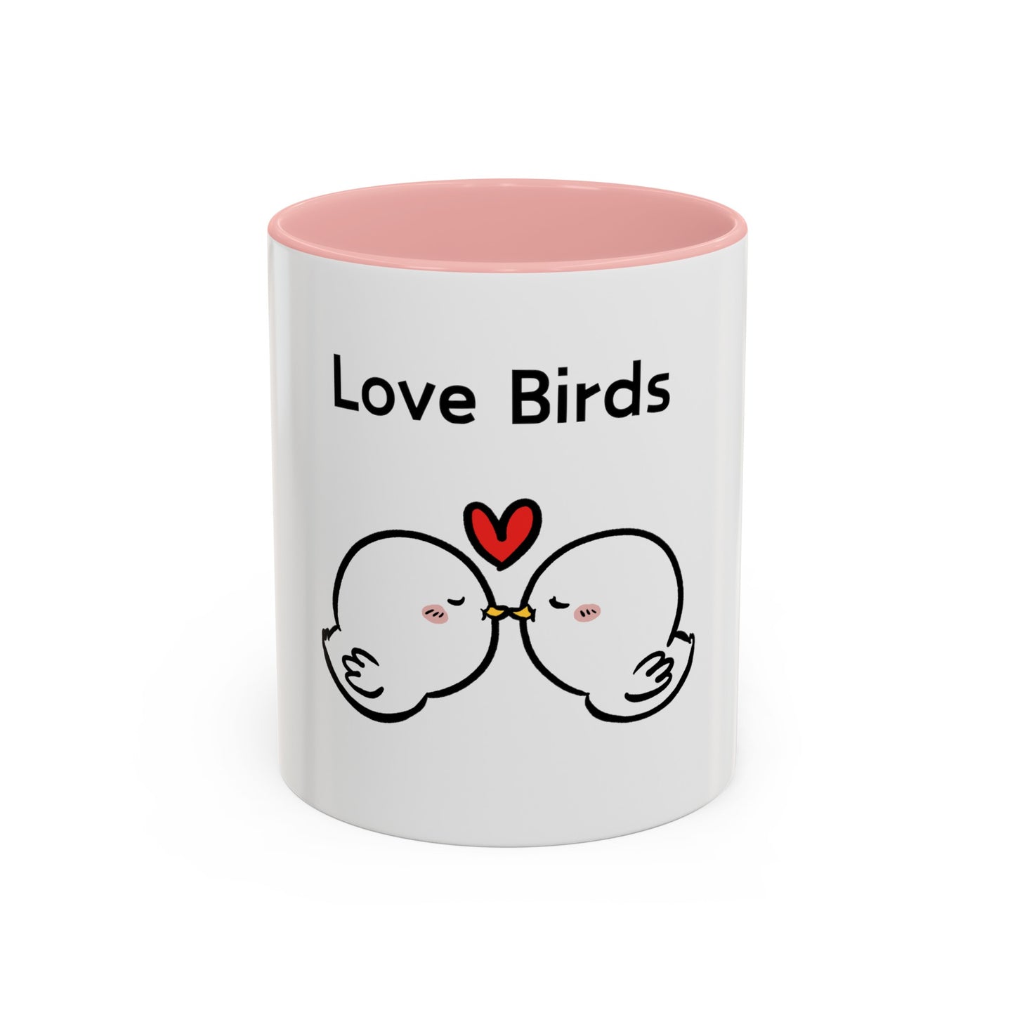 White mug with pink interior featuring cute cartoon mugs design of two love birds kissing with a heart above