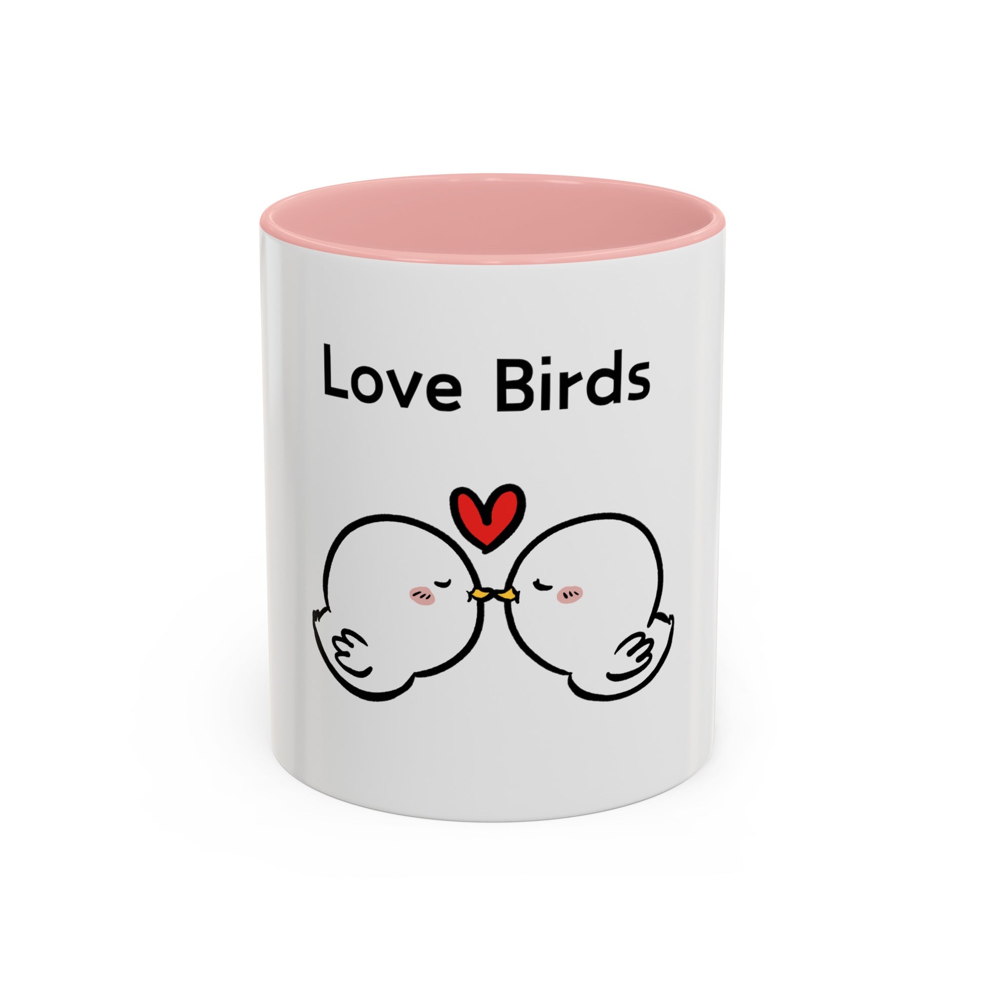 White mug with pink interior featuring cute cartoon mugs design of two love birds kissing with a heart above