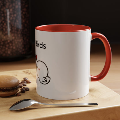 Printify cartoon mugs with red handle and interior featuring cute bird illustration on white ceramic