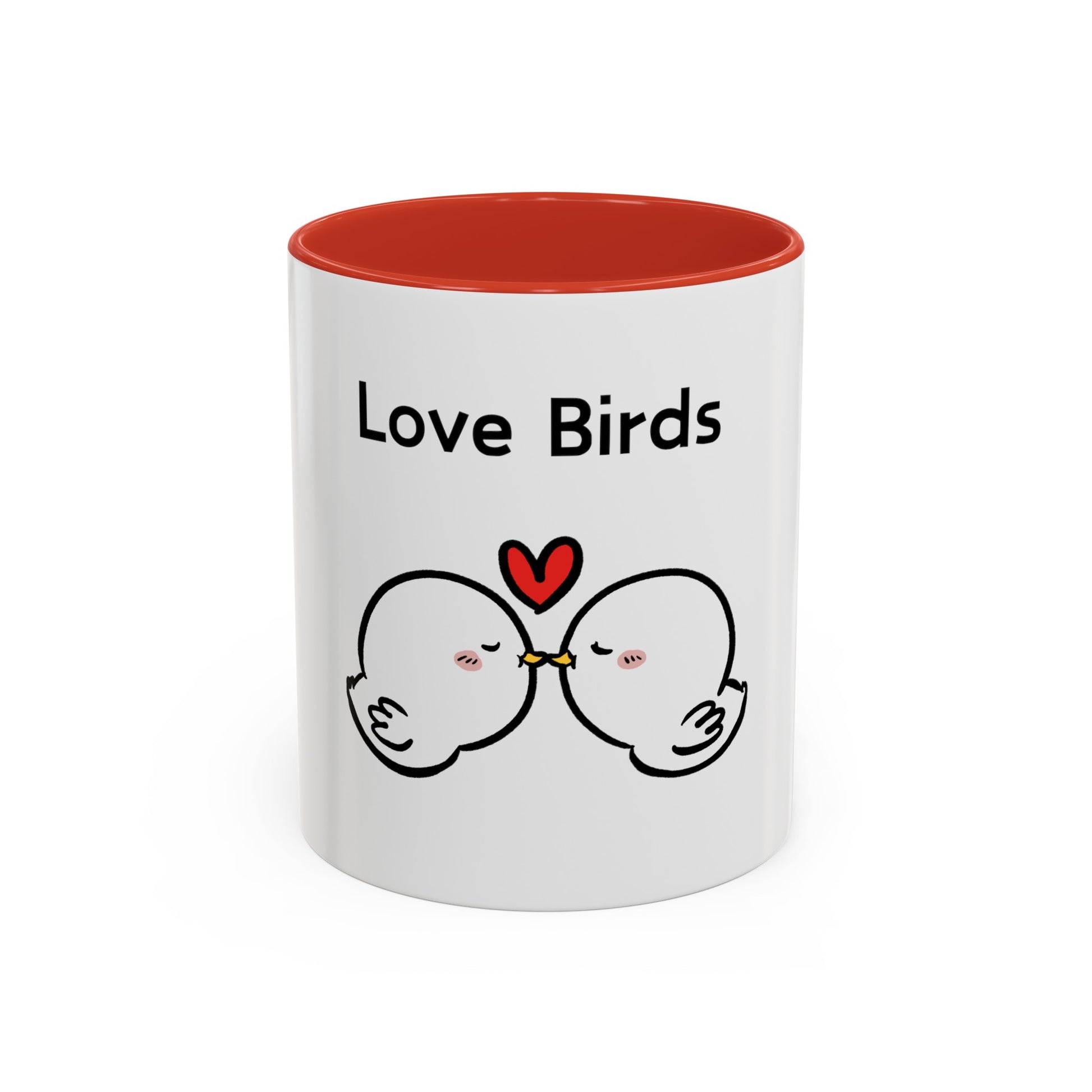 White mug with red interior featuring cartoon mugs design of two love birds and a red heart