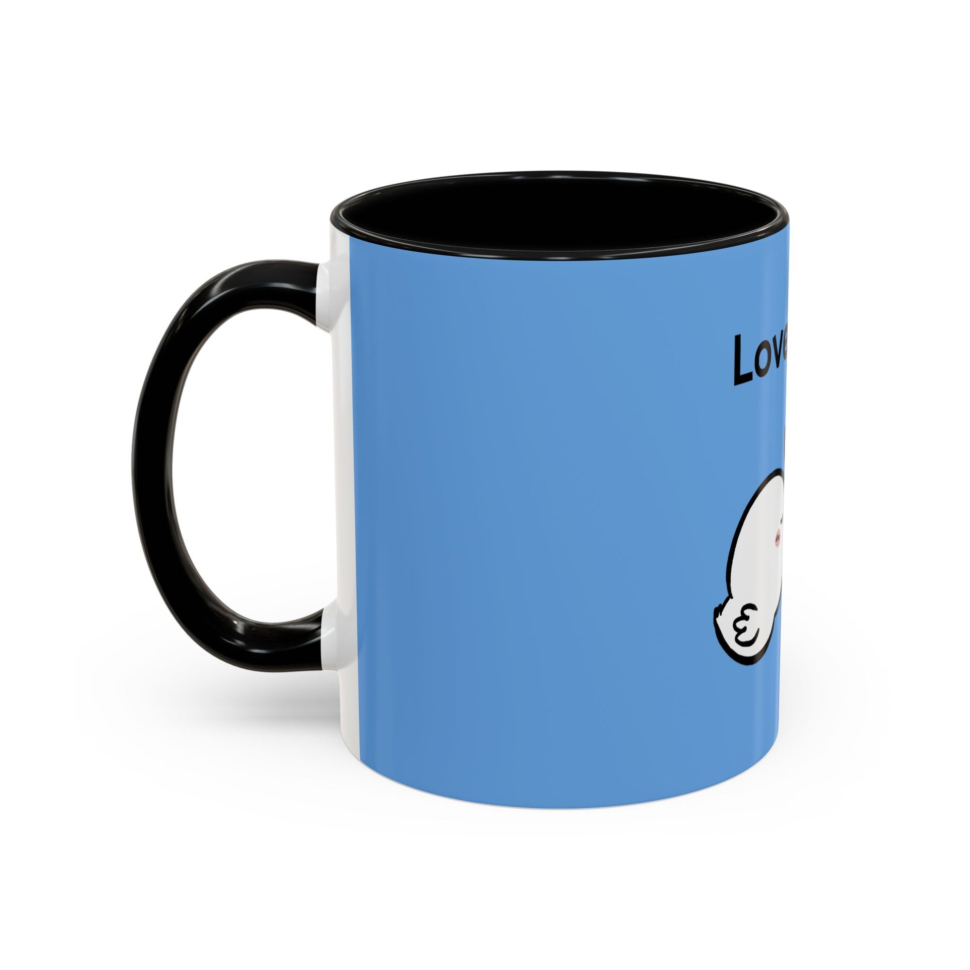 Printify cartoon mugs featuring a blue design with a black handle and interior