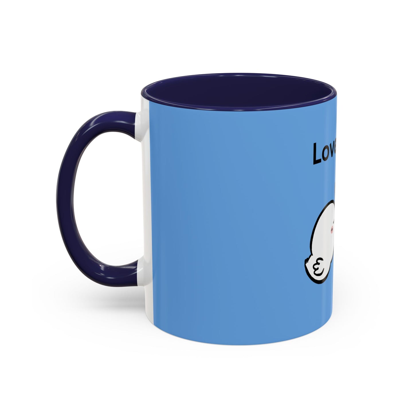 Blue Printify cartoon mugs with dark handle and inside featuring a cute white character design