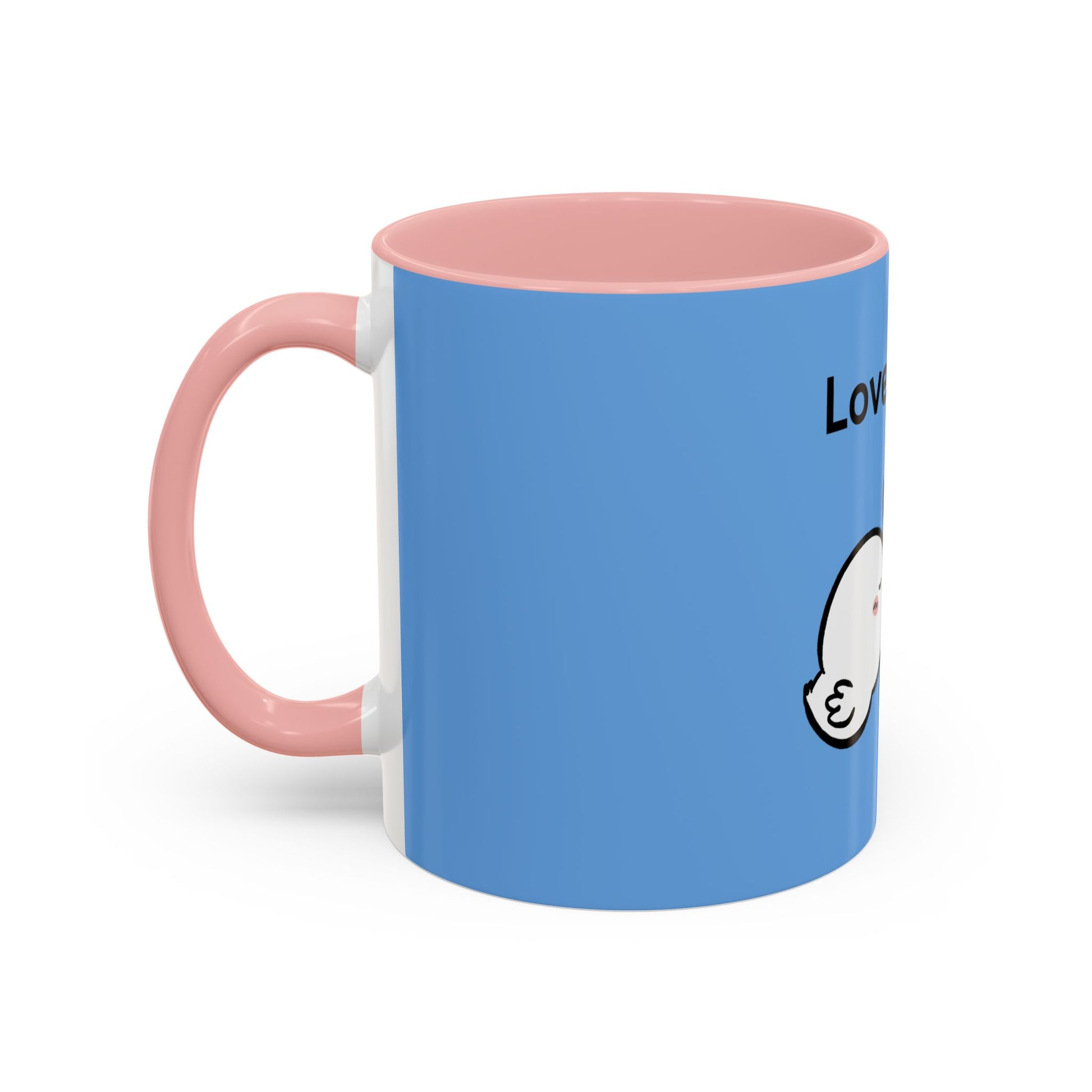 Printify cartoon mugs blue coffee mug with pink handle and interior featuring cute cartoon design