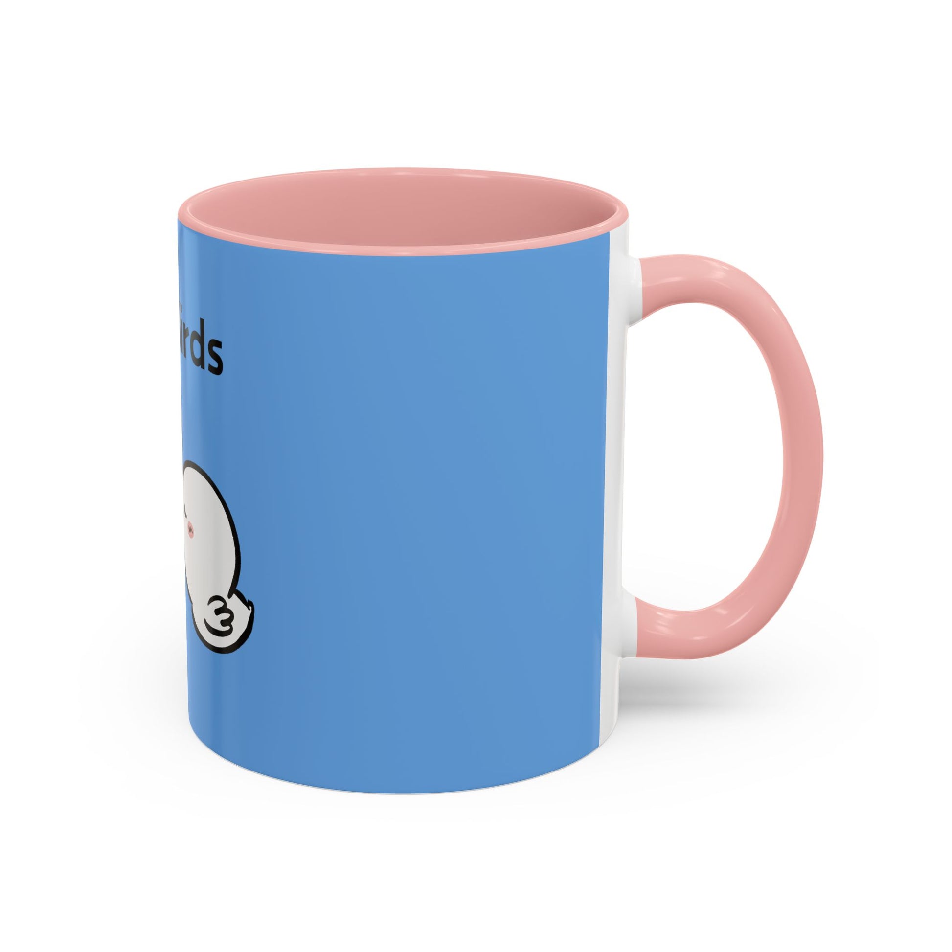 Printify cartoon mugs with pink handle and interior featuring blue exterior and cute character design