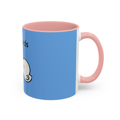 Printify cartoon mugs with pink handle and interior featuring blue exterior and cute character design