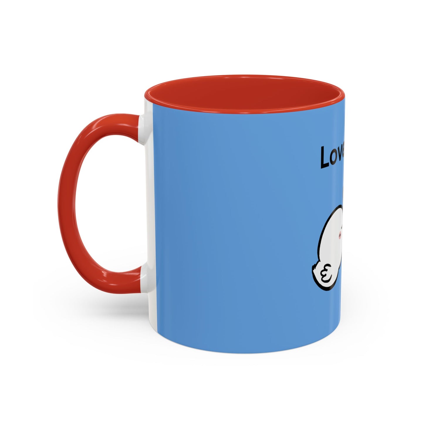 Printify cartoon mugs with red handle and interior featuring a blue background and cute character design