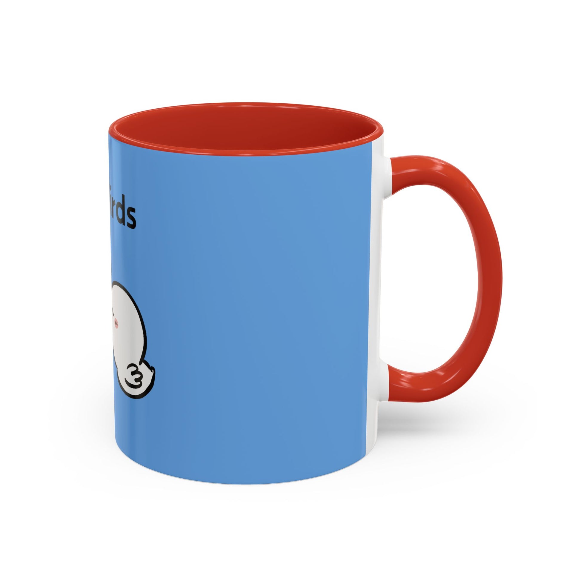 Printify cartoon mugs with red handle and interior and blue exterior featuring cute cartoon design