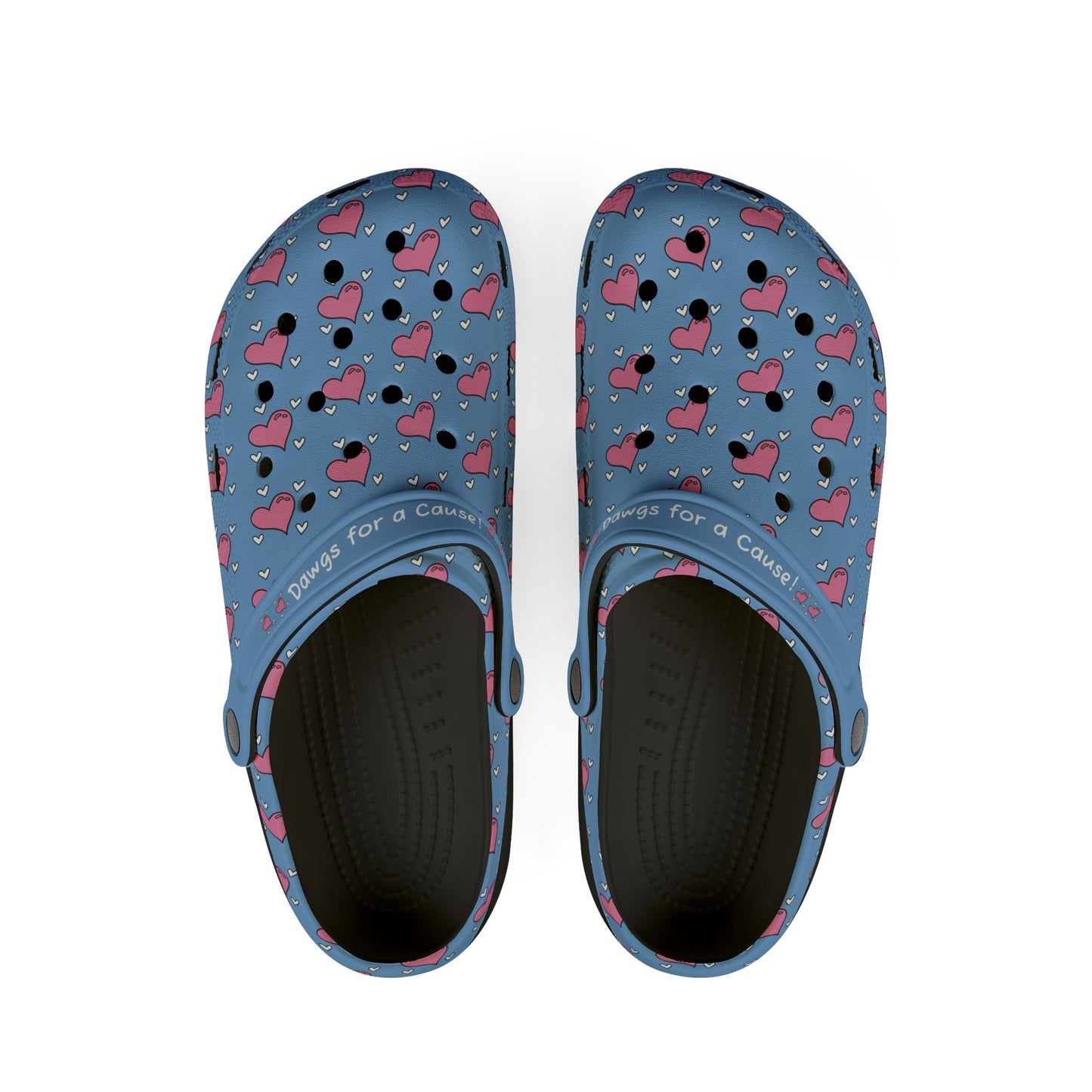 Printify casual clogs for women in blue with pink heart pattern and black cushioned soles