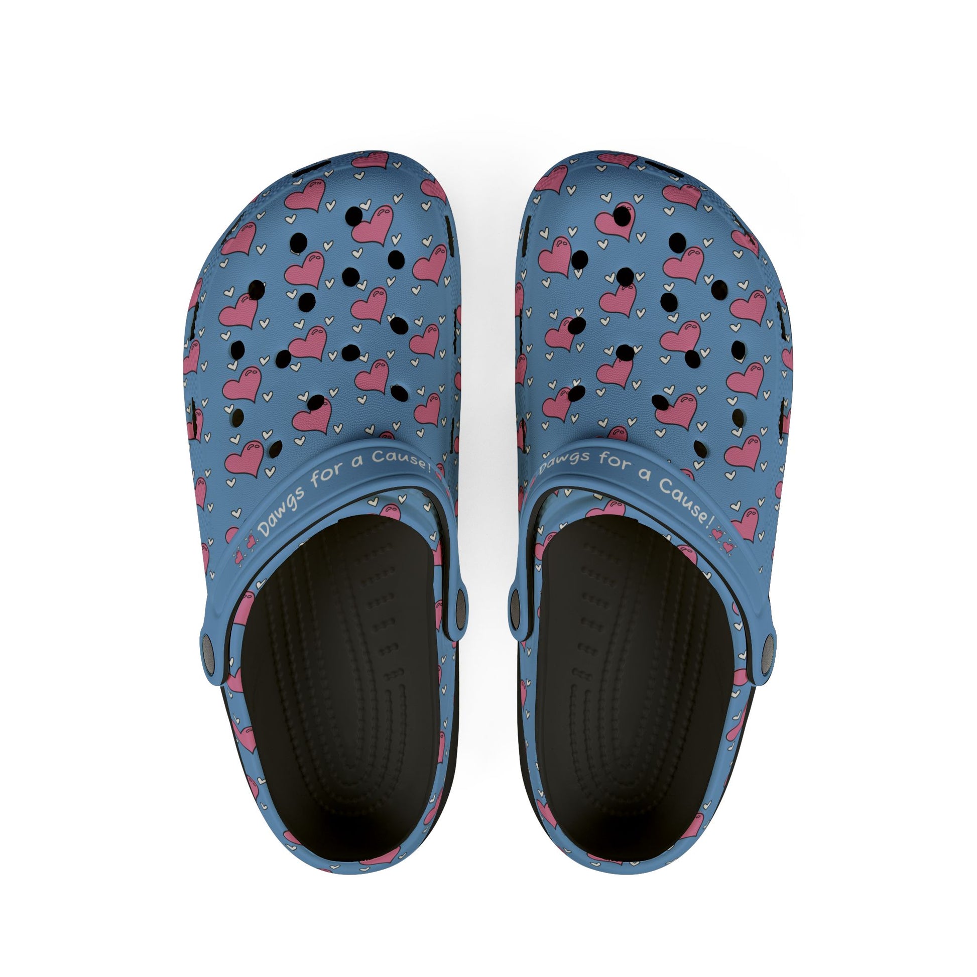 Printify casual clogs for women in blue with pink heart pattern and black cushioned soles