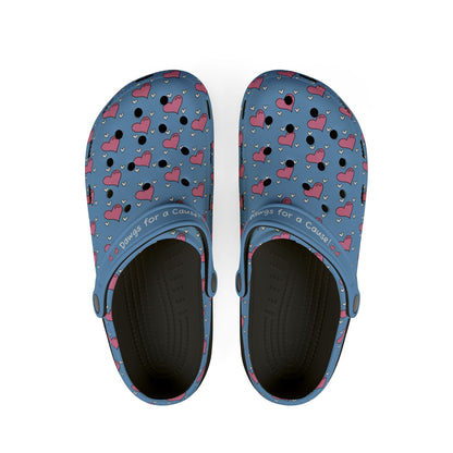 Printify casual clogs for women in blue with pink heart pattern and black cushioned soles