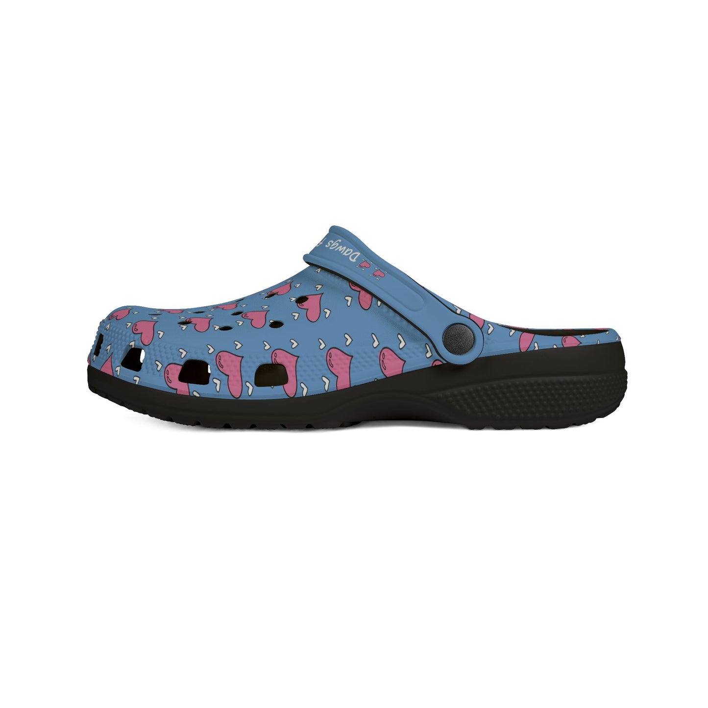 Printify casual clogs for women with blue background and pink heart pattern, black sole