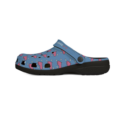 Printify casual clogs for women with blue background and pink heart pattern, black sole