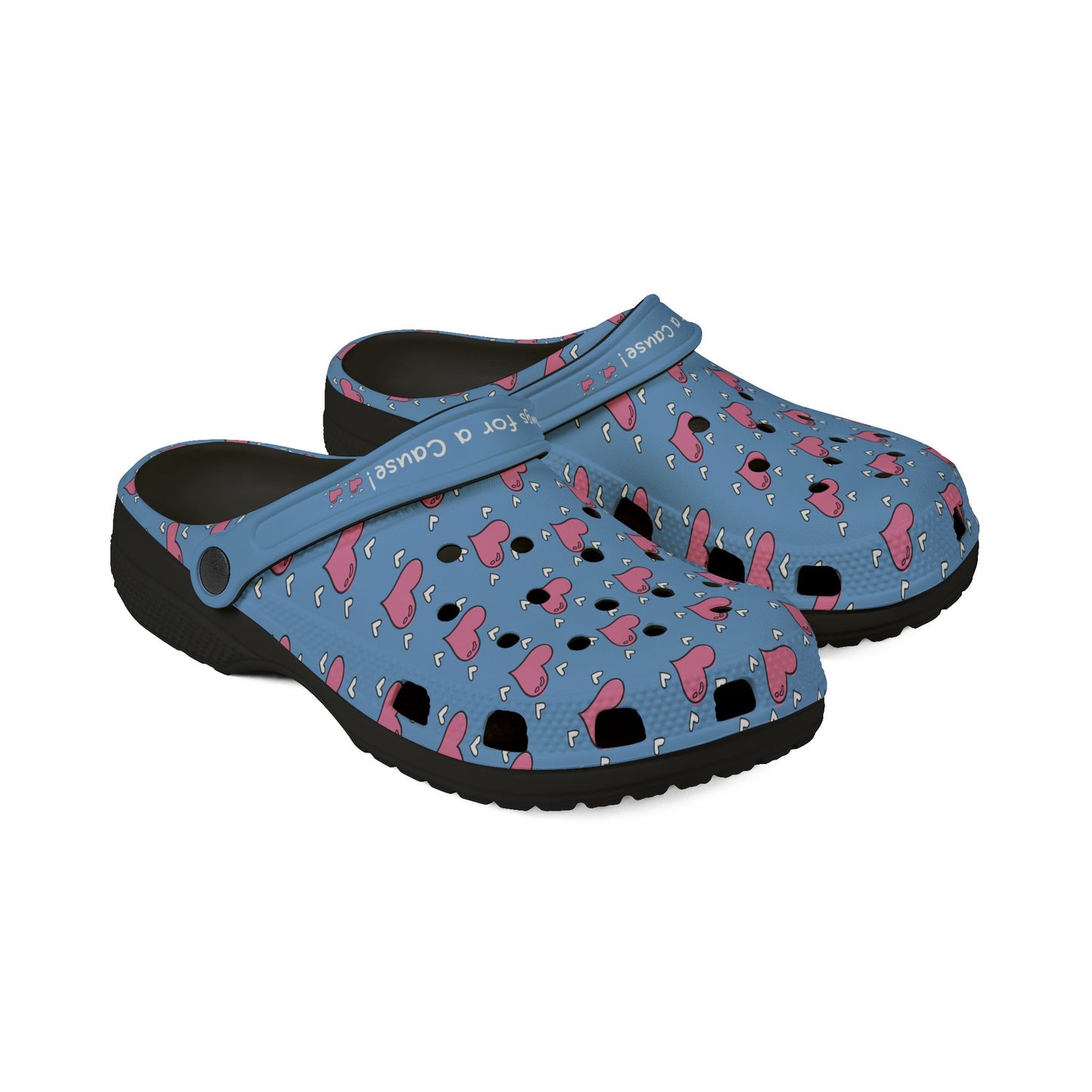 Printify blue casual clogs for women with pink heart pattern and black sole