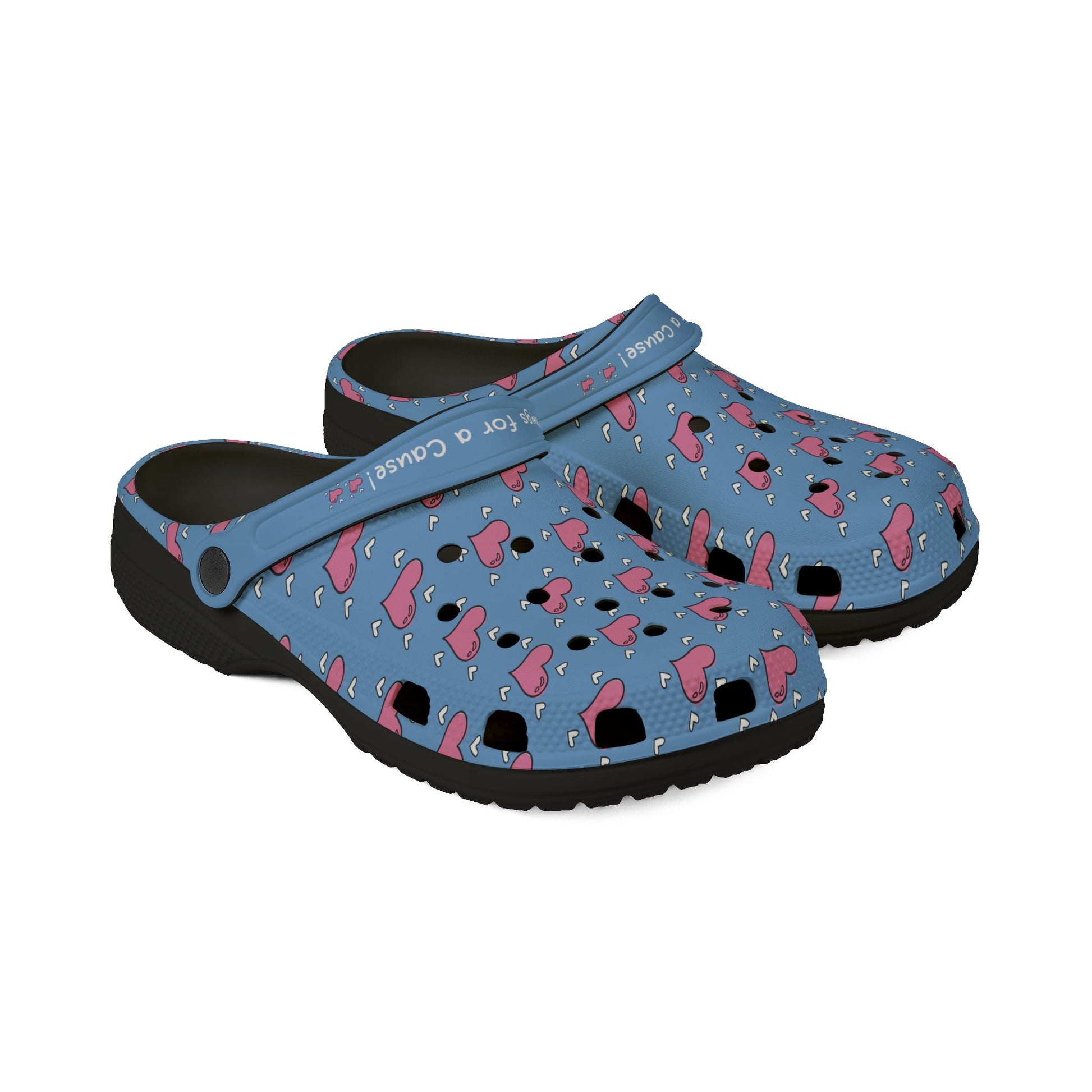 Printify blue casual clogs for women with pink heart pattern and black sole
