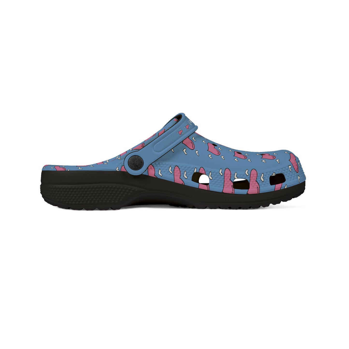 Printify casual clogs for women in blue with pink abstract pattern and black sole