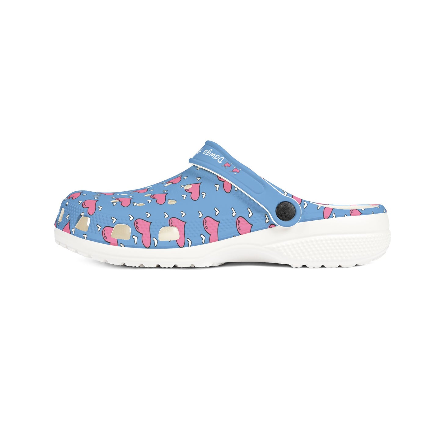 Printify blue casual clogs for women with pink heart pattern and white sole