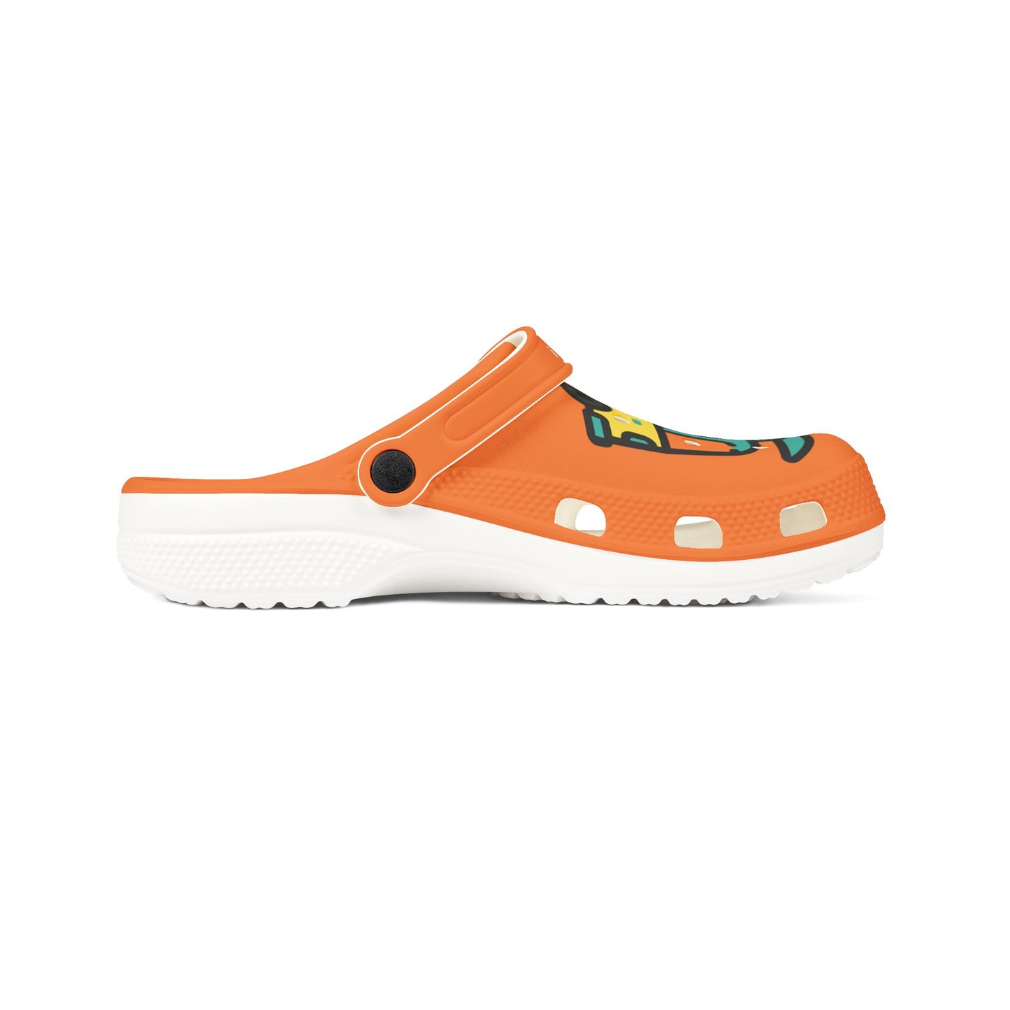 Printify orange casual clogs for women with white sole and colorful design on top